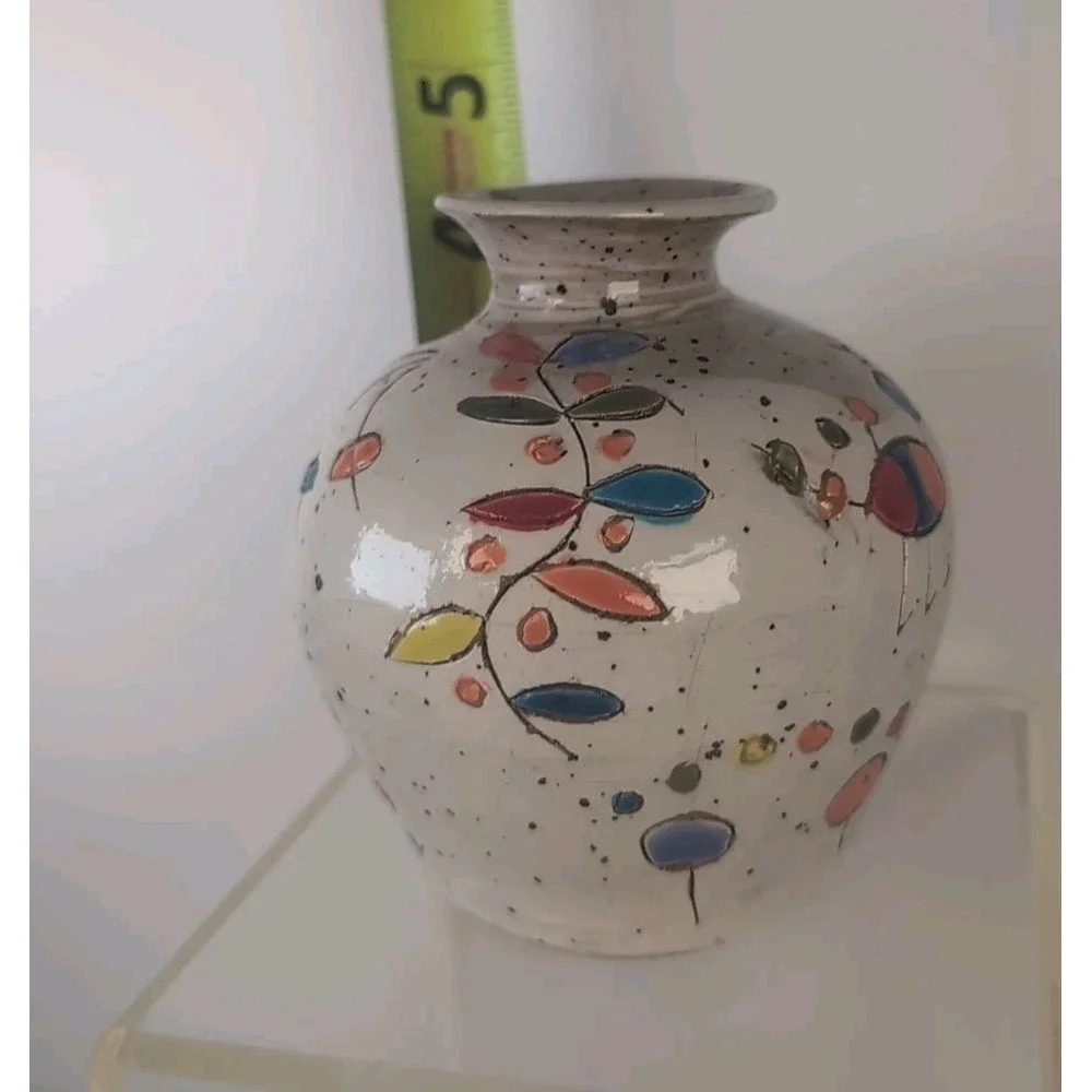 Glazed Handmade Pot/Vase Colorful Design Signed & Dated Contemporary, Cute Bugs?